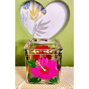 Vintage Hand Painted Glass Votive Candle Holder Floral